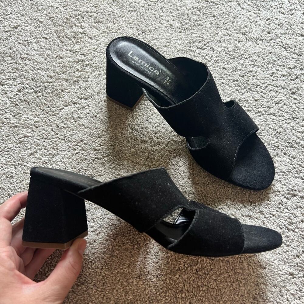 New Lamica Block Heel Sandals Size 40 Black Open Toe Suede Leather pumps